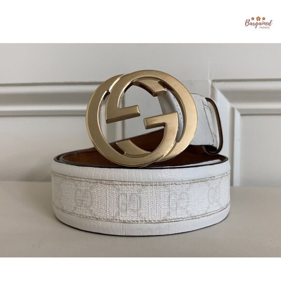 Authentic GUCCI White GG Plus Coated Canvas Leather Interlocking G Belt 80/32 - Picture 12 of 13
